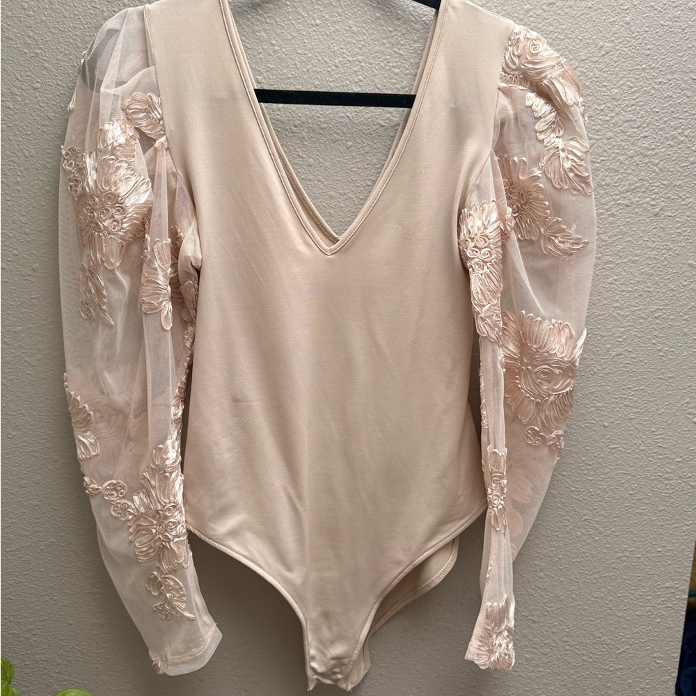 Zara Champagne Bodysuit with Sheer Embroidered Sleeves